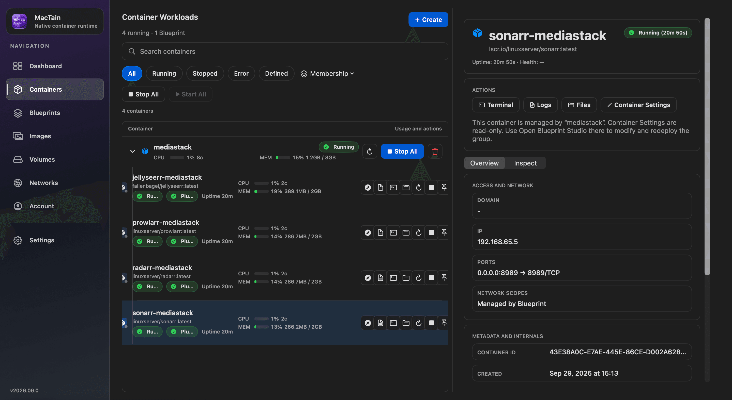 MacTain Containers view: the mediastack Blueprint with jellyseerr, prowlarr, radarr and sonarr running, sonarr selected