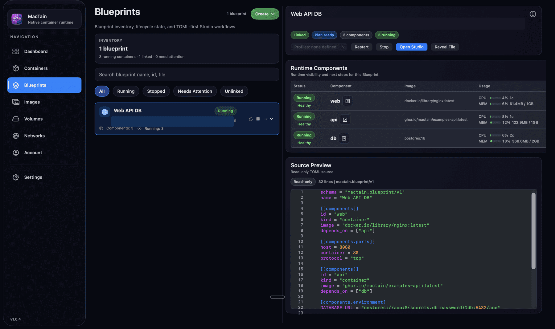 MacTain Blueprints view with a running Blueprint and its reviewable TOML source.