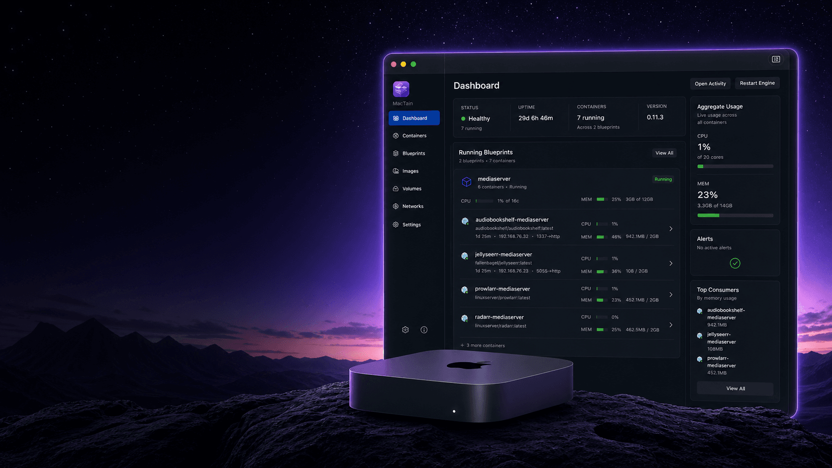 MacTain dashboard running on macOS with a Mac mini in front.